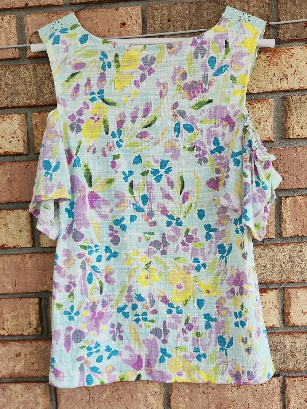 Lauren Conrad Size XS Floral Cold-Shoulder Women's Top with Eyelet Yoke - Mint - Picture 7 of 7
